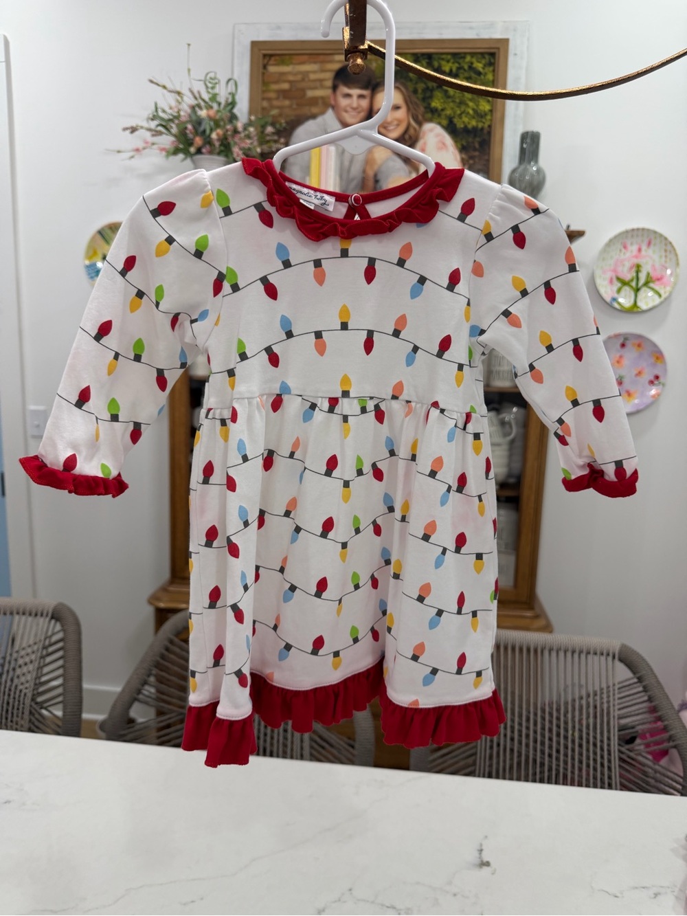 Magnolia Baby White Holiday Light Dress with Red Trim
